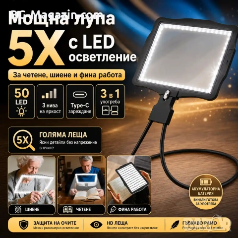 Мощна увеличителна лупа за врат за шиене на гоблени бродерия четене на книги с LED осветление