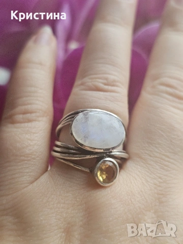 Сребърен пръстен с Цитрин и Лунен камък, снимка 2 - Пръстени - 54015838