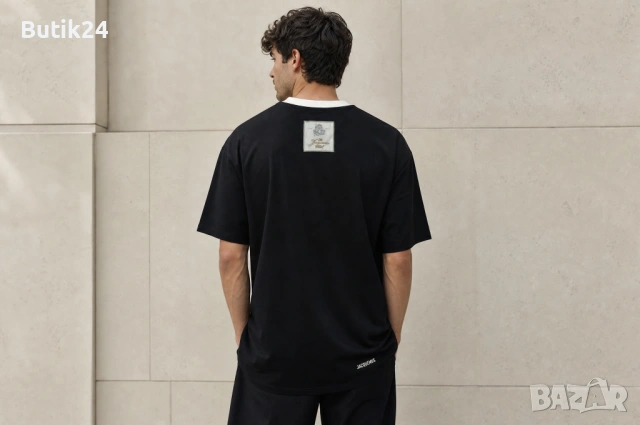 Jacquemus мъжка тениска — черна с кремава якичка, бродирано лого, овърсайз, снимка 2 - Тениски - 54922933