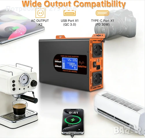 Инвертор 2000W/4000W 12V към 220/230V чиста синусоида,2 EU контакта,30W Type-C и USB порт, снимка 9 - Друга електроника - 54755004