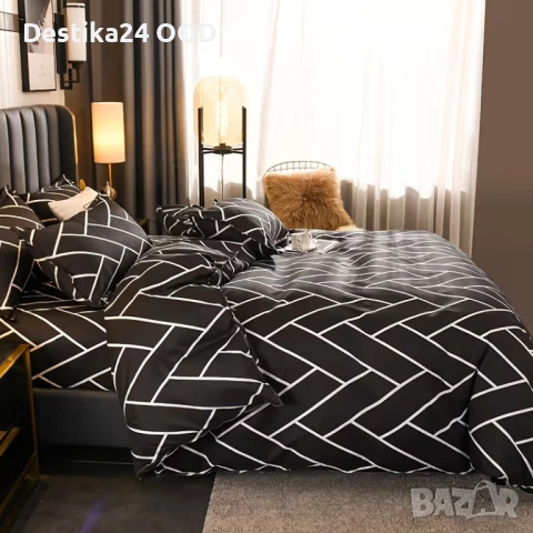 Мек и приятен спален комплект 180x220 черен с бели раета 4 части, снимка 2 - Спално бельо - 54378197