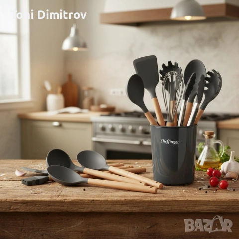 Комплект 12 части кухненски прибори със стойка Cheffinger – силиконови накрайници, дървени дръжки,, снимка 2 - Прибори за хранене, готвене и сервиране - 55152904