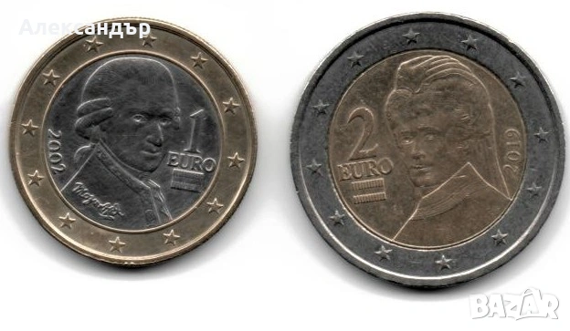 Австрия 1 евро 2002 + 2 евро 2019