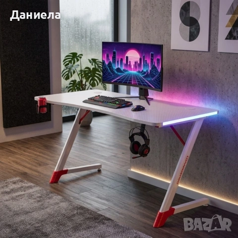 Бяло геймърско бюро с RGB LED осветление, 140 см – Карбоново покритие, поставка за чаша и слушалки, снимка 4 - Бюра - 54696890