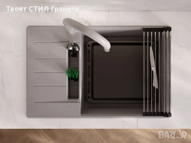 Сив кухненска мивка от гранит Копенхаген 780x500 SmartSpace Top 60, снимка 5 - Мивки - 54463616