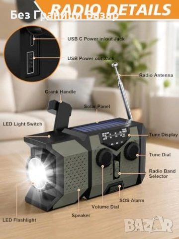 Ново Ръчно соларно радио с power bank LED светлина SOS аларма за токови аварии, снимка 6 - Други - 54966825