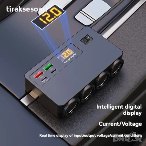 Разклонител за запалка 12V/24V 120W с 4 гнезда USB Type-C и волтметър, снимка 3 - Аксесоари и консумативи - 54448019