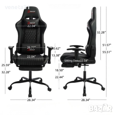 Ергономичен черен геймърски стол с поставка за крака, регулируема височина и 3D подлакътници, снимка 6 - Столове - 54044508