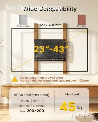 Нова Нископрофилна TV стойка за стена телевизор 23-43” до 45 кг, VESA 200x200, снимка 3 - Стойки, 3D очила, аксесоари - 55413412