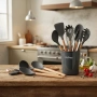 Комплект 12 части кухненски прибори със стойка Cheffinger – силиконови накрайници, дървени дръжки,, снимка 2