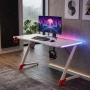 Бяло геймърско бюро с RGB LED осветление, 140 см – Карбоново покритие, поставка за чаша и слушалки, снимка 4