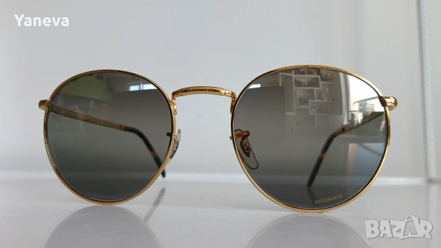 Ray-Ban New Round , унисекс, слънчеви очила с метална златиста рамка и поляризирани стъкла Chromance, снимка 2 - Слънчеви и диоптрични очила - 55186228
