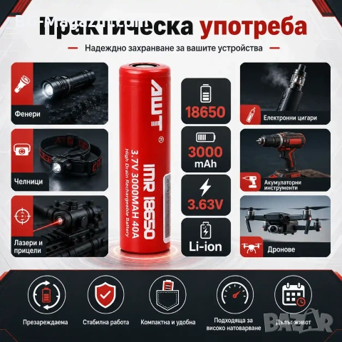 Професионална литиева батерия 18650 3000mAh 40A 3.7V AWT презареждаща се за фенри прожектори лазери, снимка 7 - Друга електроника - 51102739