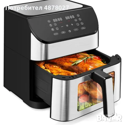 Фритюрник с горещ въздух 8L 1800W с 11 програми, LCD дисплей, таймер и прозорец за наблюдение