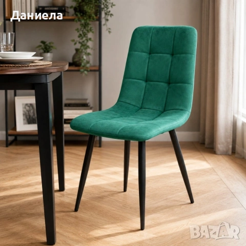 Трапезен стол от зелено кадифе с черни метални крака – до 150 кг, снимка 3 - Столове - 54767082