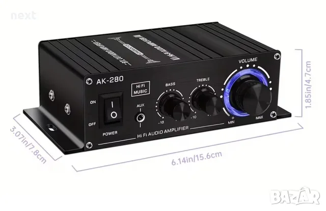 AK-280 компактен Hi-Fi стерео усилвател 2 × 40 W с RCA и AUX вход + Гаранция, снимка 5 - Ресийвъри, усилватели, смесителни пултове - 49447475
