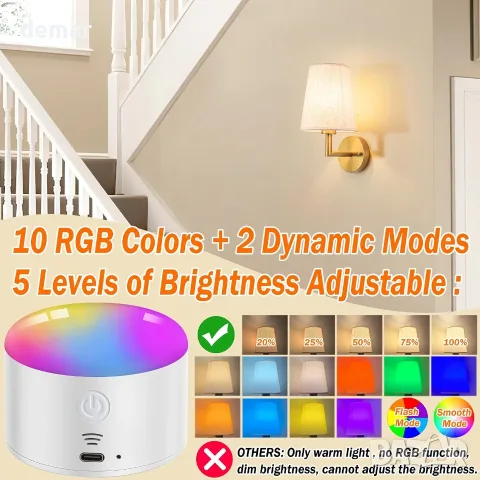 Акумулаторни LED лампи на батерия за стена с дистанционно (10 000 mAh) – RGB + режим бърз/гладък, снимка 5 - Лампи за стена - 55507689