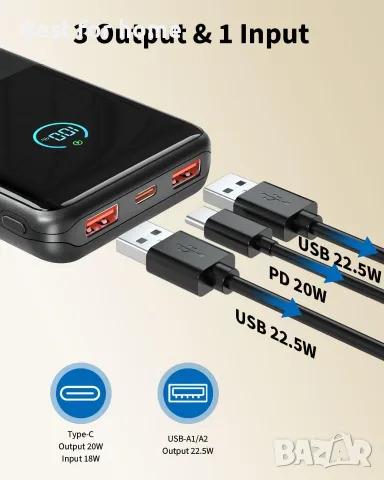 Външна батерия 20000mAh, преносимо зарядно устройство, снимка 3 - Външни батерии - 55396562