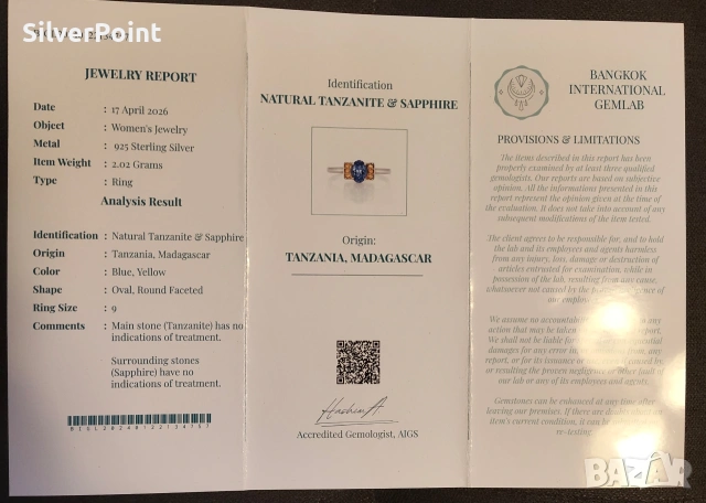 Сребърен пръстен с Танзанит и жълти Сапфири със сертификат , снимка 4 - Пръстени - 54480662