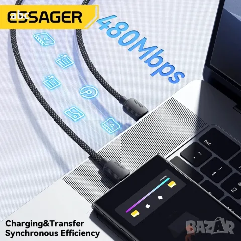 НОВ Кабел Essager 100W / 7A USB-A към Type-C – Бързо зареждане & Усилване с 6 Ядра, снимка 2 - USB кабели - 55653858
