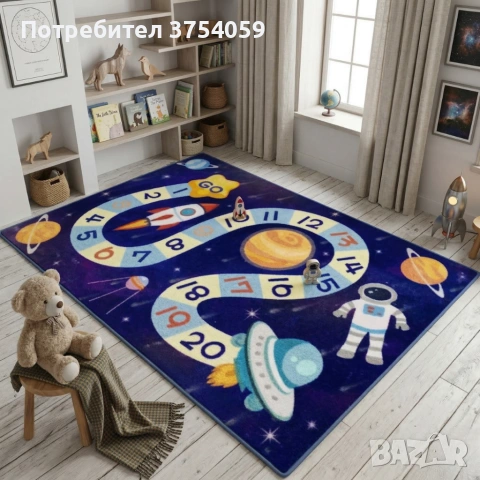 Детски килим за игра 120х160см - Тъмносин килим с космос и пътека от числа, противоплъзгащ и миещ се, снимка 2 - Килими - 55162666