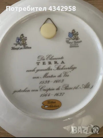 Комплект 4 колекционерски порцеланови чинии Royal Tettau – „Die Elemente“. 1980-те, снимка 7 - Други ценни предмети - 55677436