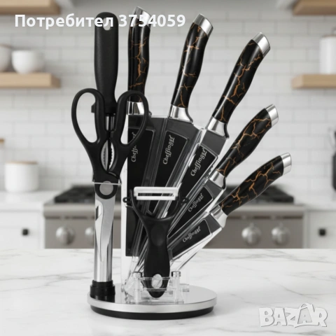 Комплект уреди за рязане Cheffinger – 9 части с мраморно покритие, стойка, точило и белачка, снимка 5 - Прибори за хранене, готвене и сервиране - 55182840