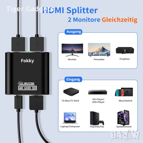 Fokky HS306-BK HDMI сплитер 1 към 2, 4K HDMI Splitter за два монитора/телевизора, снимка 2 - Кабели и адаптери - 55544581