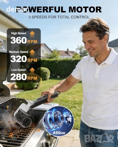 Електрическа безжична четка за грил Accwork, сменяеми глави, 3 скорости и регулируем ъгъл, снимка 3 - Барбекюта - 54227130