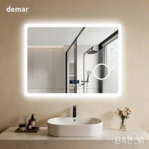 LUVODI Огледало за баня с LED осветление: 800x600 мм стенно огледало с Bluetooth