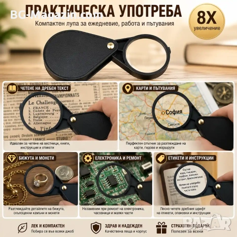 Мощна мини джобна сгъваема ръчна увеличителна лупа 8X увеличение стъклена за четене дребен текст, снимка 3 - Други инструменти - 50920239