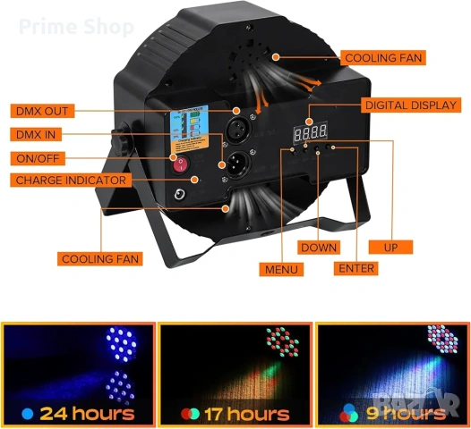 Професионален акумулаторен LED Par прожектор, 36 RGB диода, 5000mAh батерия, дистанционно и DMX, снимка 4 - Друга електроника - 54151539