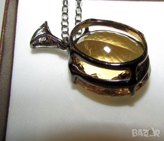 925 сребърно колие с родиево покритие камък цитрин 50 карата, снимка 4 - Колиета, медальони, синджири - 54053214