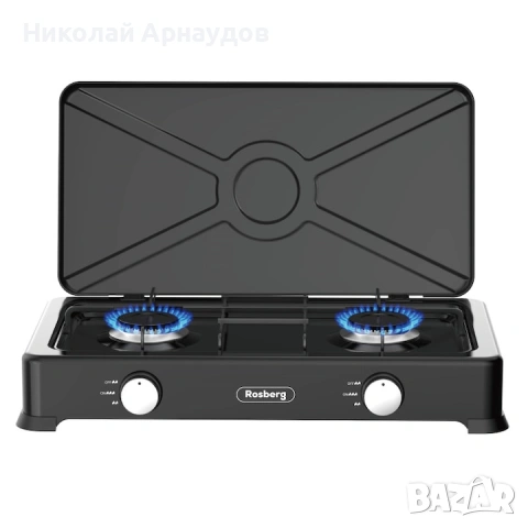 Двоен газов котлон с капак Rosberg R51454E2 2х 2.2 kWh, 30 mbar, Въглеродна стомана, Черен