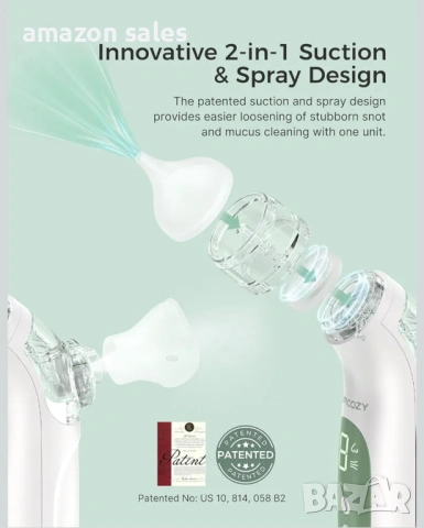 Momcozy BreezyClear™ акумулаторен назален аспиратор 2 в 1 със спрей и засмукване,медицински клас,нов, снимка 3 - Други - 54387188