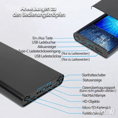 Power Bank 10000mAh със скрита Full HD камера 1080P, нощно виждане и детекция на движение, снимка 5 - Камери - 55653652