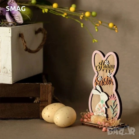Великденска дървена настолна декорация заек с изсушени цветя – 10×2×15см_1233670, снимка 2 - Декорация за дома - 54225785