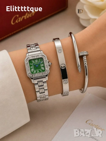 комплект часовник и гривни от висококачествена стомана cartier , снимка 2 - Гривни - 54904475