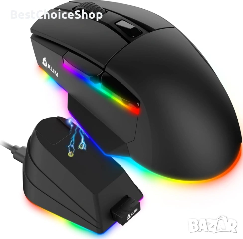 Геймърска безжична мишка KLIM Blaze X RGB, със станция за зареждане +дълготрайна батери+до 12000 DPI