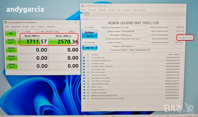  1TB SSD ADATA Legend 800 NVMe 1.4 ALEG-800-1000GCS на 150 дни 98% здраве диск лаптоп, снимка 2 - Твърди дискове - 54886316