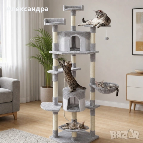 Драскалка дърво за котки XXL 203 см – 11 нива, къщички, легла, хамак и катерушка