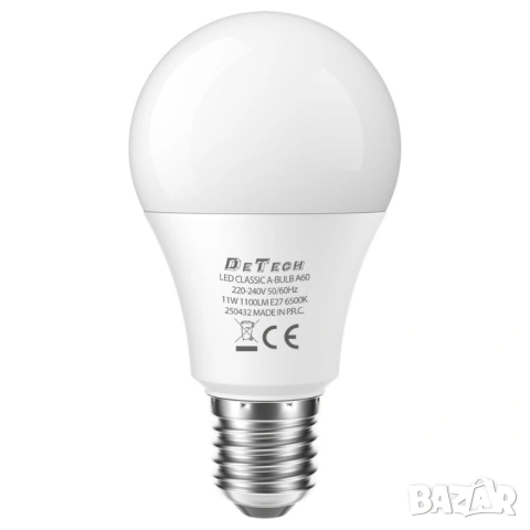 LED Крушка DeTech A60 E27, 11W, 6500K, 1050lm, Студена Бяла Светлина