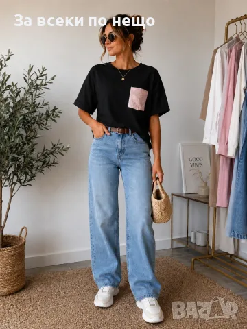 Стилна Дамска Тениска С Блестящ Джоб И Свободна Кройка👕Дамска Блуза С Къс Ръкав - 4 Цвята Код A1639, снимка 4 - Тениски - 55367621