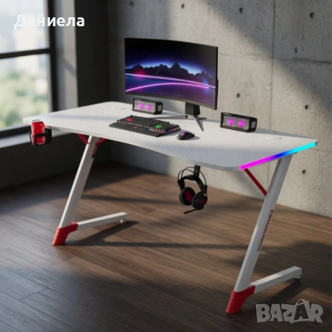 Геймърско бюро с RGB LED осветление, Бяло, 120 см – Карбоново покритие, Поставка за чаша и слушалки, снимка 3 - Бюра - 54696920