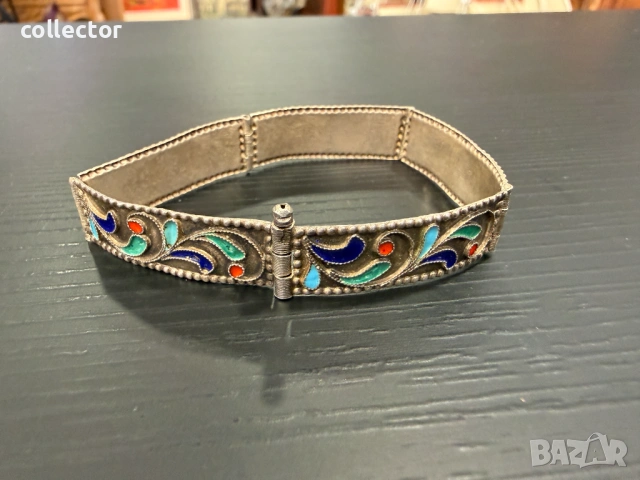 Стара сребърна гривна с многоцветен емайл. №8070, снимка 6 - Гривни - 54062209