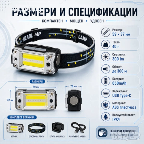 Мощен акумулаторен челник със сензор USB LED фенер за глава къмпинг лов риболов бягане работа, снимка 7 - Къмпинг осветление - 50877966