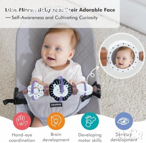 Нова Дървена играчка за бебешки шезлонг с огледало черно бяла лъвче арка бебе, снимка 2 - Други - 54107965