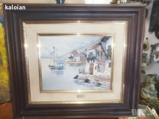 Стар морски пейзаж масло на платно. Подписана испанска творба с дървена масивна рамка , снимка 9 - Картини - 55475160