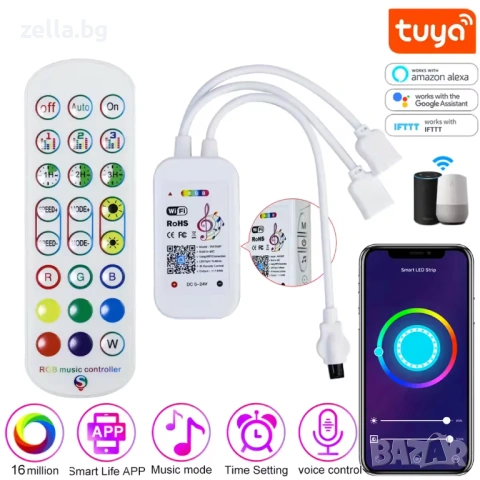 Smart WiFi RGB LED контролер Tuya, дистанционно с 24 бутона, димер, музикален и гласов контрол 10332, снимка 13 - Друга електроника - 54672329