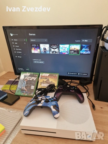 Xbox One S 2020-та, 1 TB + 6 игри, 2 контролера и кабели. Обслужена!